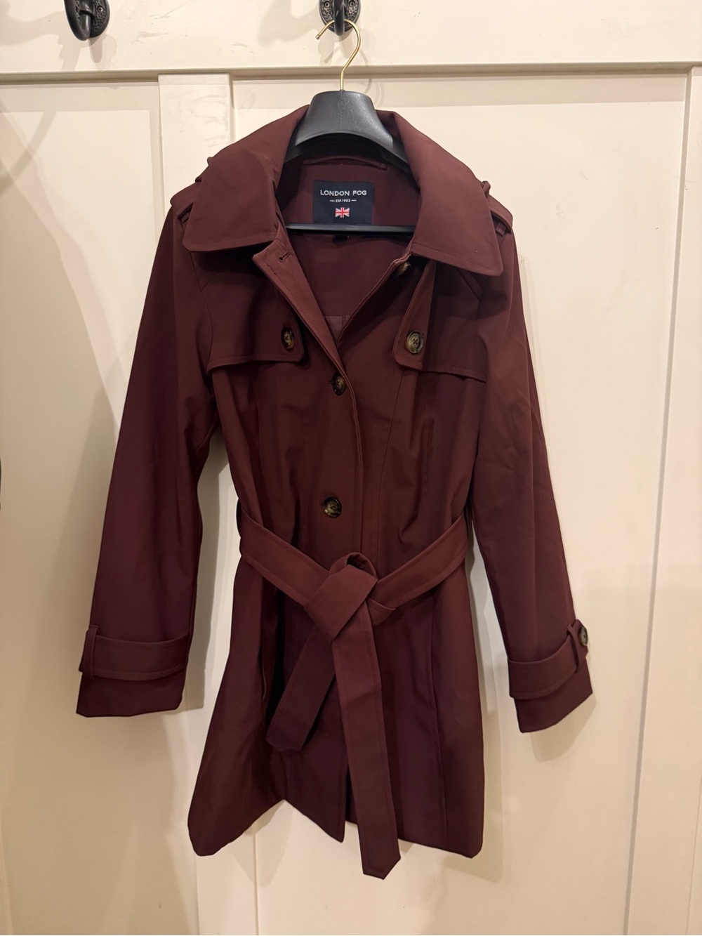 London Fog Burgundy Belted Trench Coat with Removable Hood